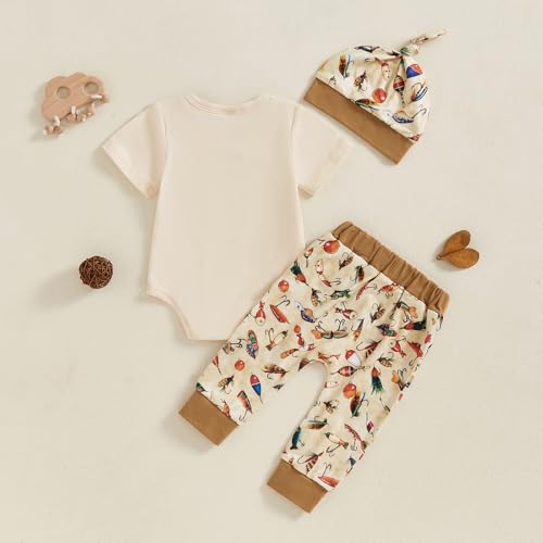 BHMAWSRT Baby Boy Clothes Letter Short Sleeve Romper Top&Pants Hat Newborn Going Home Fishing Pattern Outfits4