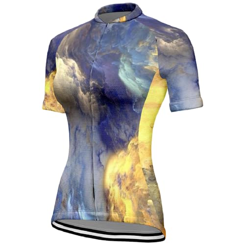 Hixingo Maillot de Ciclismo para Mujer, Verano Mujeres Ciclismo Jersey Flores Manga Corta Bicicletas Ropa Mountain Bike Ourdoor Chaquetas Secado Rápido Transpirable (Nubes,3XL)