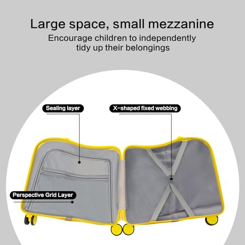 18" Ride-On Kids Suitcase W/Lock, Yellow Children's Ride On Trolley W/4* Universal Wheels, Children's Luggage Case, Rolling Luggage Suitcase, Carry Trolley Luggage, Carry On Luggage3