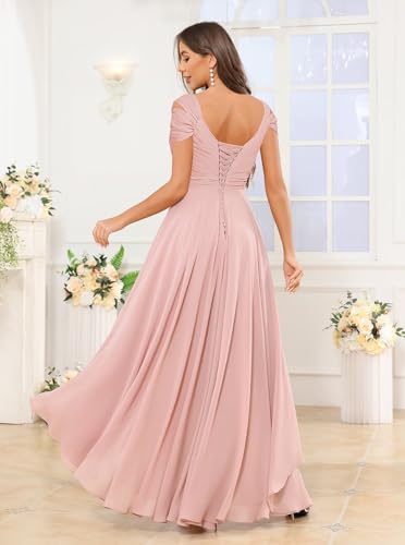 Off The Shoulder Bridesmaid Dresses with Pockets High Low Ruffle Chiffon Ruched Formal Evening Gowns for Wedding3