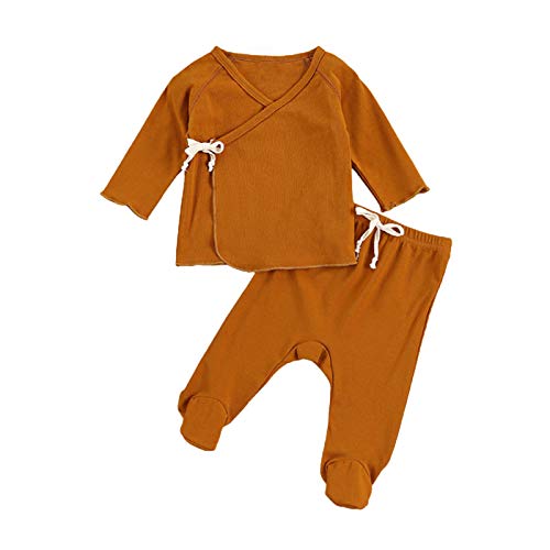 YOOJIA Infant Baby Boys Girls Long Sleeve Kimono Top Outfit Footed Pants Cotton Clothes Set Chocolate 0-3 Months