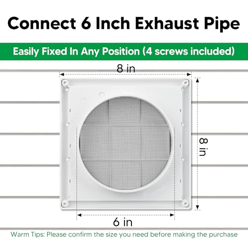 Funmit 6" Louvered Vent Cover 8" x 8" Oversize Outside Dimensions for 6 inches Dia Exterior Wall Vent Hood Outlet Airflow Vent Dryer Air Vent (White) by Funmit - Image 7