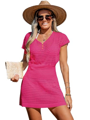 CUPSHE Women's Crochet Cover Up Swimwear Mini Dress Short Sleeve V Neck Beachwear Fuchsia,XS