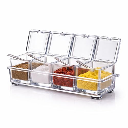 Image of Dimitra Acrylic Home Kitchen 4 Grid Acrylic Seasoning Mukhwas Rasoi Dry Fruit Easy Flow Spice Box Kit With Spoon-Kitchen Masala Storage Box Container Seasoning Organizers Jars (Transparent)