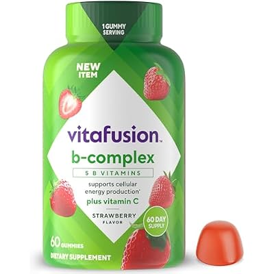 المكملات الغذائية Vitafusion B-Complex Gummy، مع فيتامينات 5 B لدعم إنتاج الطاقة الخلوية (1)، بالإضافة إلى فيتامين C، نكهة الفراولة، 60 عدد