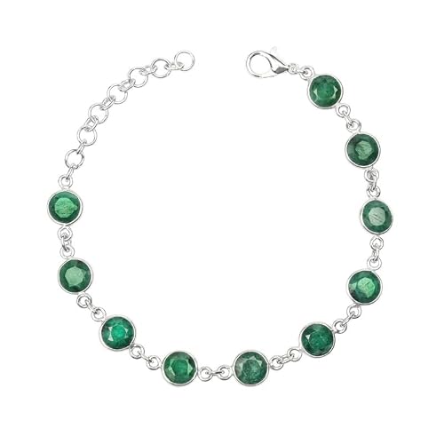 Emerald Stone Bracelet, Silver Overlay Adjustable Bracelet For Women And Girls, Bezel Link Stone Bracelet, Handmade Jewelry, Round Stone Shape Bracelet, Christmas Gift For #TOP24