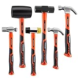 PINOZE 6-Piece Hammer Mallet Set with Fiberglass Handle Forge Steel Head, 620g Ball Pein Hammers | 1.2kg Rubber Mallet | 1.6kg Sledge | 670g & 370g Claw Hammer | 550g Double-Faced Mallet