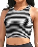 Yonique Women Bikini Top Only Crop Swim Top Longline Swimsuit Tops High Neck Bathing Suit Top Black and White Stripes Medium