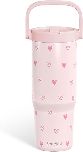 SANDJEST Vaso con pajita de acero inoxidable con tapa y asa de 30 onzas con asa de transporte para mujeres y niñas, taza de café aislada para