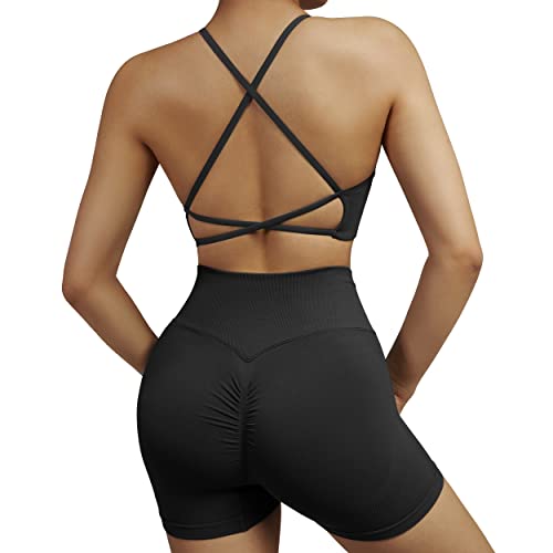 Mooslover Women Seamless Strappy Sports Bra Crisscross Backless Workout Bras Padded Yoga Tops(Xl,#2 Pack(Black+Dark Brown)) #TOP5