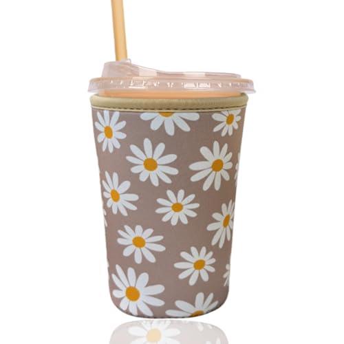 Image of Reusable Insulated Sleeve for Iced Coffee Cup, Coffee Neoprene Sleeve for Cold & Hot Drinks, Beverage Holder for Iced Coffee (Sunny Daisies, Medium: 22-24oz)