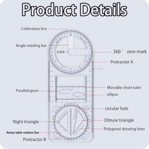 Image of Durable & Long Lasting Multifunctional Geometric Ruler | All-in-One Geometry Scale | Multi Functional Ruler for Drawing, Measuring, Angles & Shapes | Student & Office Use (2)