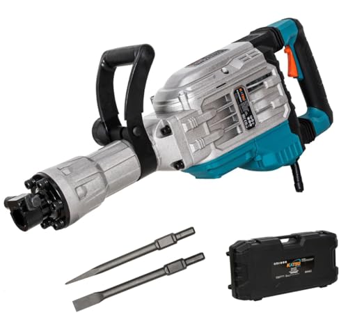 KATSU Tools Martillo Demoledor de 1700W, Fuerza de Impacto de 60J, 1900bpm, Antivibración, Mango Lateral Multiposición, Cinceles Puntero y Plano, Maletín de Transporte, Modelo 101107