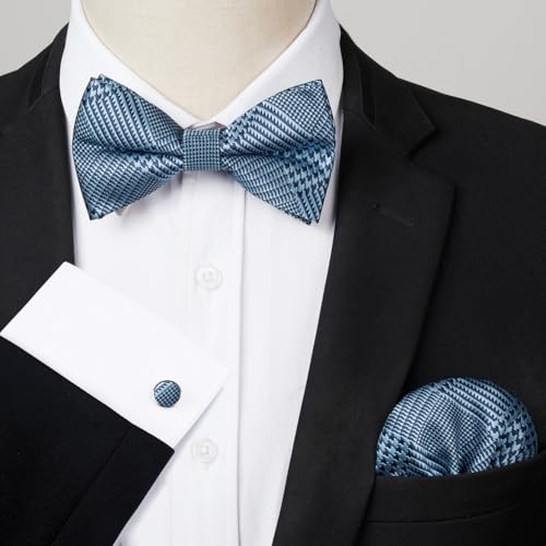 Image of HISDERN Mens Plaid Bow Tie Set Pocket Square and Cufflinks Bowtie