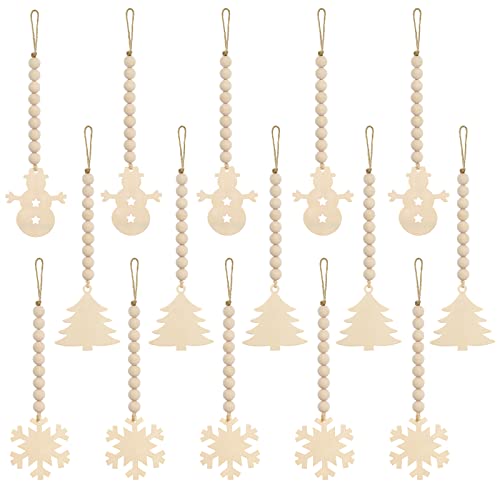 Miayon 15 pcs Christmas Tree Wood Bead Hanging Decor Xmas Wooden Garlands Beads Rustic Farmhouse Ornaments Decorations with Snowflake Snowman Christmas Tree Pendants for Christmas Party Decor