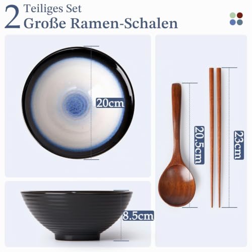 NUTRIUPS 2 x 1200ml Ramenschüssel aus Keramik mit Essstäbchen und Löffeln, 20cm Bowl Schüssel Suppenschüssel Groß，Katzenauge blau – Ansicht 2