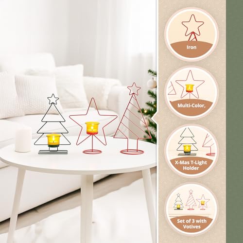 Image of MARKET 99 X-Mas T-Lite Holder Set of 3 Assorted with 2 Glass Votives - Multi-Color Metal Xmas & Christmas Tree and Star Design Glossy Candle Holders for Home & Festival Decor