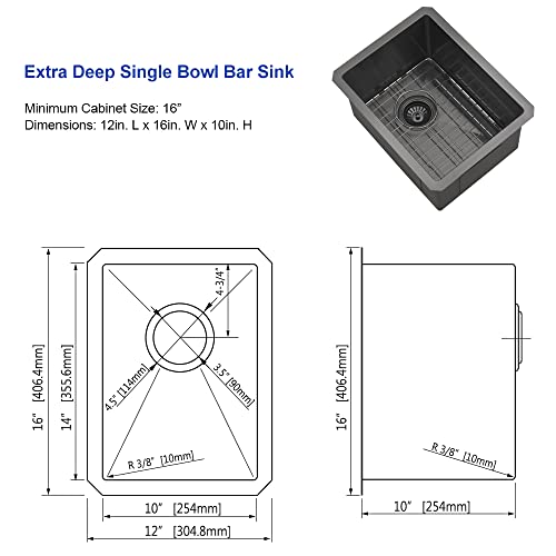 Black Bar Sink Undermount-Hovheir 12x16 Small Kitchen Sink Undermount Bar Sinks 16 Gauge Black Stainless Steel Single Bowl Wet Rv Sinks with Bottom Grid by Hovheir - Image 5