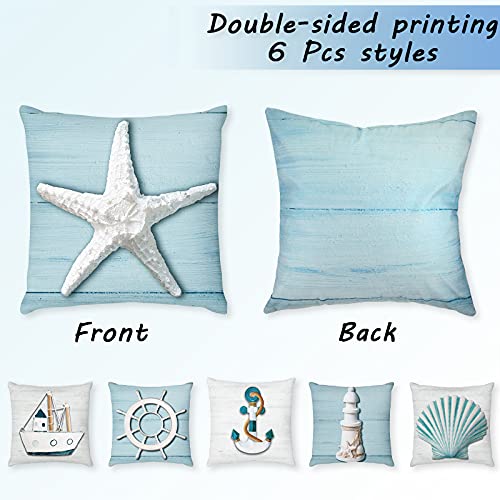 Set of 6 Pieces Ocean Beach Decorative Pillow Covers 18 x 18 Inch Summer Sea Theme Cushion Covers with Nautical Starfish Lighthouse Sailboat Sea Coastal Pillow Cases for Home Bed Decoration