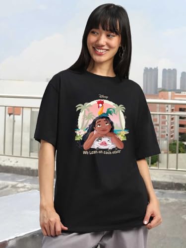 Image of JUNEBERRY 100% Pure Cotton Oversized Baggy Fit Official Disney Merchandise Cool & Goofy Graphic Printed T-Shirt for Women (Characters: Moana, Pooh & Lion King)