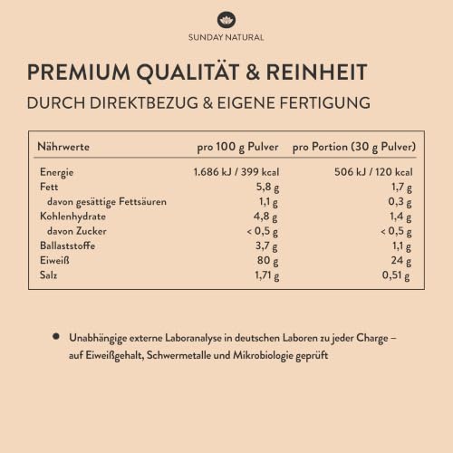 SUNDAY NATURAL® Bio Protein Pulver – 1000g – Veganes Eiweißpulver – 80% Eiweiss – 12K Proteinpulver Blend – Vollständiges EAA & BCAA Profil – Ohne Zucker & Süßstoffe – Vegan, Laborgeprüft - Natural