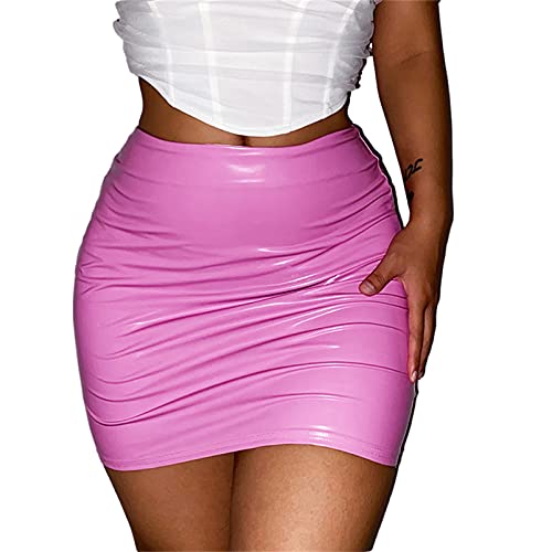 Mylleure Women Sexy Bodycon Faux Leather Pencil Skirt Basic Solid Y2K High Waist Stretchy Skinny PU Mini Skirt Clubwear D Pink