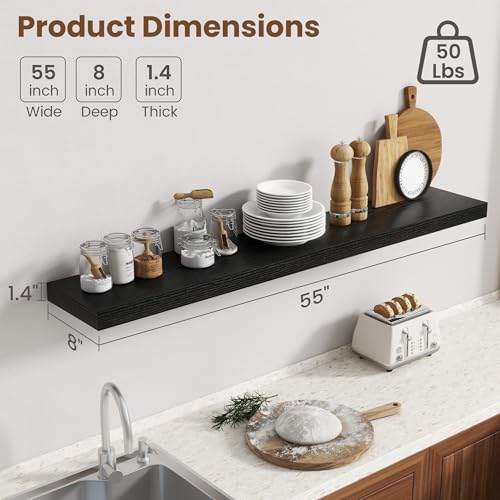 Image of 55 Inch Floating Shelves for Wall, 8 Inch Deep Floating Shelf for Storage & Display, Rustic Wall Mounted Shelf with Invisible Brackets for Living Room, Kitchen, Bathroom, Home Decor, Set of 2, Black