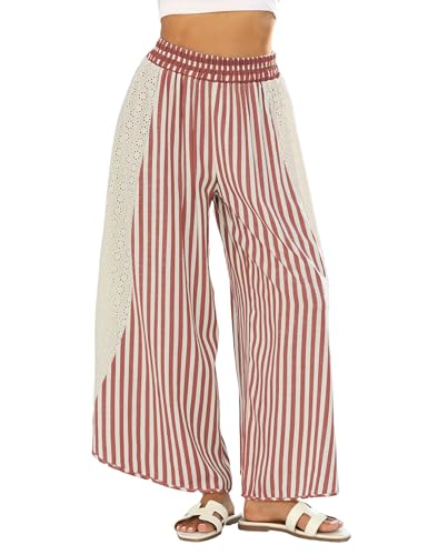 Athlisan Womens Summer Casual Loose Striped Wide Leg Lounge Pants Elastic Waist Palazzo Trousers(Red-M)