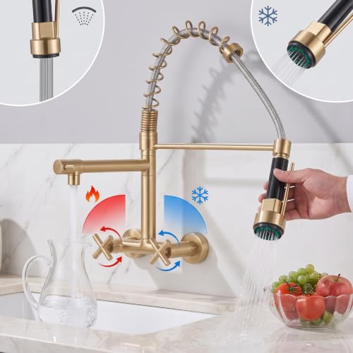 Image of InArt Elite Luxury with Wall-Mounted Kitchen Sink Tap - 360 Pull-Down Sprayer, Multi-Function Spray Head, Single Lever, Gold Finish, and Hot & Cold Functionality Faucet Sink - 5 Year Warranty