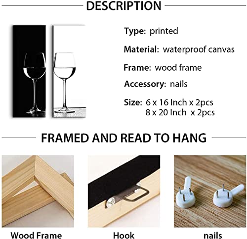 Kitchen Wall Art Black And White Wine Pictures Wall Decor Modern Dining Room Wine Cups Canvas Paintings For Living Room Home Decorations Abstract Minimalist Glass Artworks Bar Wall Decor 6X16" 2 Pcs #TOP7