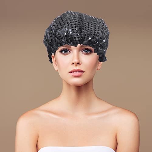FOMIYES Large Shower Cap Shower Cap Sequin Bathing Bonnet Elastic Sauna Cosmetic Cap Hair Protective Cover Reusable Beauty Salon Spa Hats Bathtub Accessories for Women Girls Black Hair Sleeping Cap - Image 2
