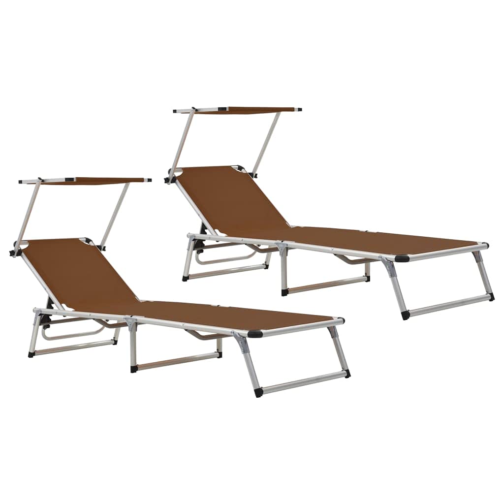 Klappbare Sonnenliegen mit Dach 2 STK braun Aluminium Textilene 186x58x75-105 cm verstellbar faltbar für Garten Balkon Terrasse entspannte Erholung
