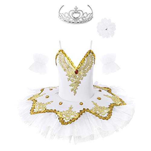 Freebily Vestido de Fiesta Actuación Maillot de Ballet Danza con Flor de Lentejuelas para Niña (4-12 años) Tutú Infantil + Guantes + Clip Blanco B 3-4 años