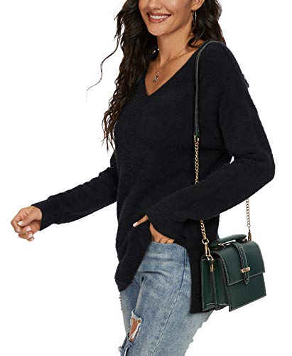 QIXING Women's Casual V-Neck Long Sleeves Side Split Loose Fit Fuzzy Knit Pullover Sweater Tops2