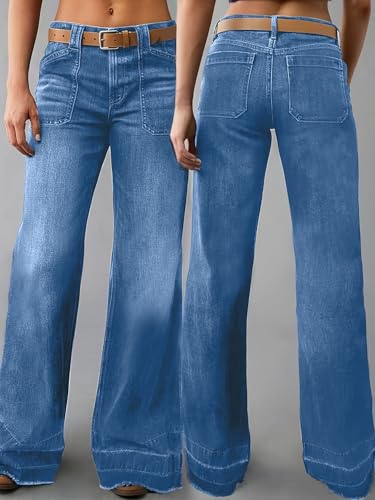 Women Wide Leg Jeans Mid Waisted Stretchy Straight Leg Jeans Loose Trendy Soft Denim Pants Y2K with Pockets2