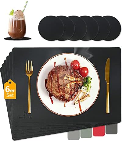 HELI MIAO Washable Place Mats, Wipe-Clean, Leather Placemats, Heat-Resistant, Double-Sided, Set of 6 Placemats, Leather Look with Coasters, Table Coasters, Non-Slip, Place Mats, Sage Green