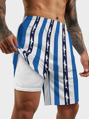 Mens Swim Trunks with Compression Liner,Ocean Shark Stripe Men's Inseam Board Shorts Quick Dry Bathing Suit for Men/Boys2