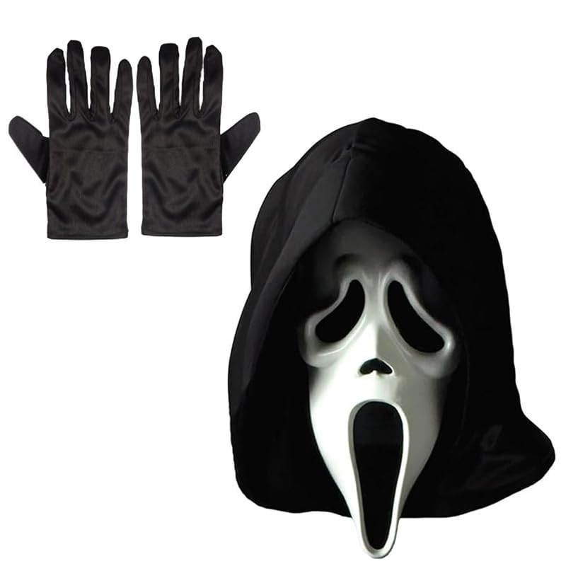 My Illusions Officially Licensed Scream GhostFace Mask + Black Gloves Halloween Horror Character Fancy Dress Costume Accessory Set (Standard)