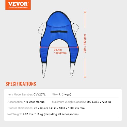 Image of VEVOR Patient Lift Sling with Head Support- Large Size, Universal Patient Lift Sling, Divided Leg Transfer Sling for Bathing, Patient Lift Medical Sling for Elderly, Disabled, Bedridden, 600LBS