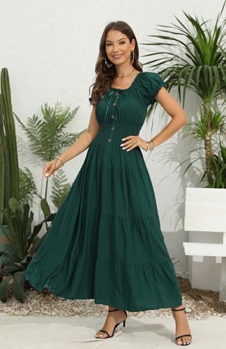 Image of OSTOO Women's Floral Maxi Dress Boho Summer Short Sleeve Smocked Waist Tiered Long Dress