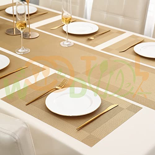 Image of Table Runner and Placemats Set of 8 - PVC Table Mats - PlaceMats for Dining Table - PVC Table Mats - Kitchen mats (8-Piece Placemat, 1-Piece Runner, Gold)