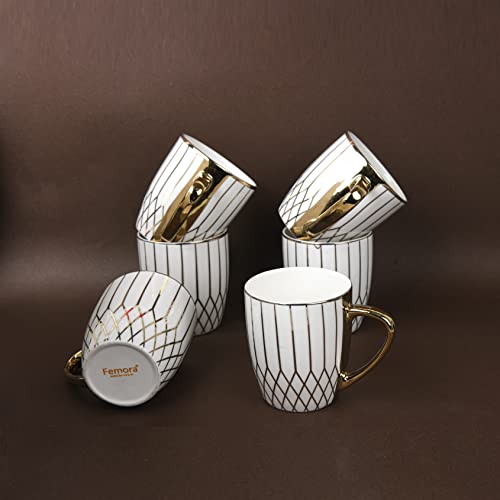 Femora Handcrafted Ceramic Coffee Mugs Set of 6 (5.5 oz) - Indian Golden Tea and Cappuccino Cups, White Porcelain Set for British, Latte, Espresso