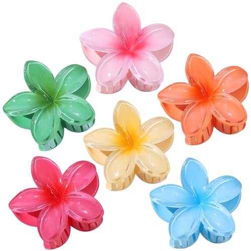 CHANDAT Flower Hair Clips 6 PCS Hawaiian Claw Clips for Vacation Hibiscus Hair Claw Clips Cute Large Hair Clips for Thick and Thin Hair Plumeria Hair Accessories for Women Girls - Blossom