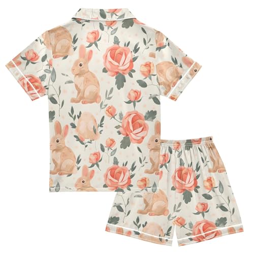 ALAZA Rabbit Bunny Rose Flower Floral Satin Pajamas Set Short Sleeve Button Down Sleepwear Summer Pjs 2 Piece2