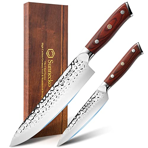 Sunnecko Juego de 2 cuchillos cocina de 20 cm + 13 cm, Cuchillo Japones Profesional, Cuchillos Cocina de Acero de Alto Carbono 56HRC, Mango de madera de acacia, Incluye caja de madera Cover