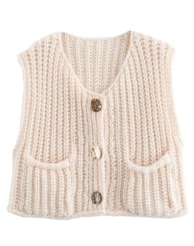 Image of Lucrosun Women's Chunky Knit Vest Button Down Sleeveless Cropped Sweater Vest (OffWhite-S)