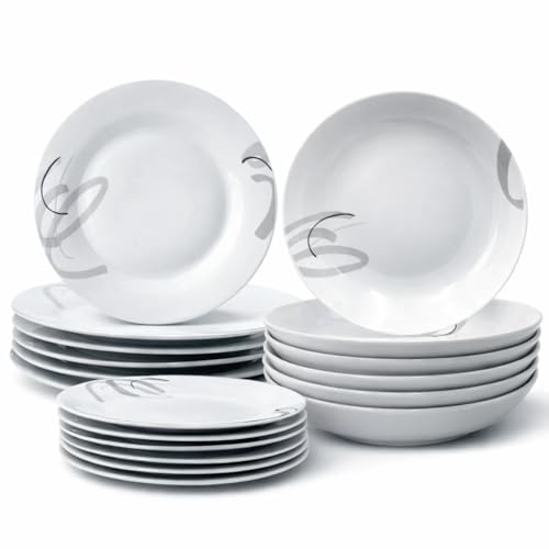 Virsus Servizio di Piatti ROTONDI per 6 Persone 7076, 18 Piatti in Porcellana color Bianco con Righe, Set composto da Piatto Fondo Diam.20,5cm, Piatto Piano Diam.24cm e Piattino Dessert Diam.19cm