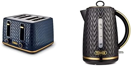 Tower T20054GRY Empire 2-Slice Toaster with Defrost/Reheat, Removable Crumb Tray, 900W, Grey and Brass