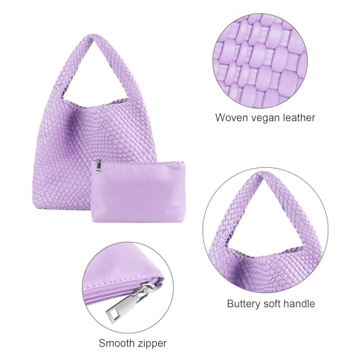 Image of Woven Tote Bag with Small Purses for Women, Vegan Leather Hobo Bags Straw Handbags Large Underarm Shoulder Bag