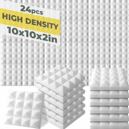 Arrowzoom 24 Pieces of 10x10 x2 in Pyramid Acoustic Panel Soundproof Foam Wall Panel Tiles Noise Cancelling Treatment Accessories for Home Studio SD1034 (Pearl White)